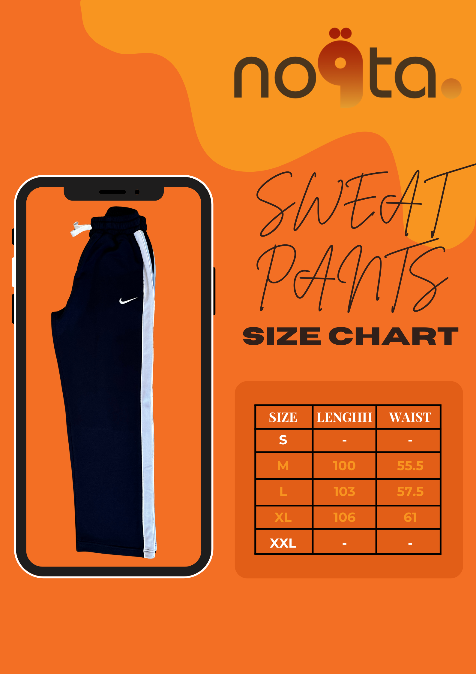 "جدول مقاسات Nike Sweatpants الكحلي Oversize من Nokkta يوضح الطول والعرض بالمقاسات M, L, XL"