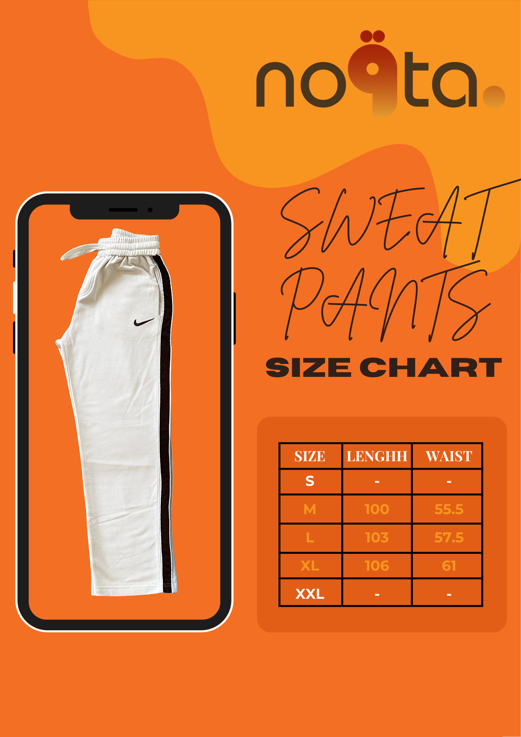 "جدول مقاسات Nike Sweatpants الأبيض Oversize من Nokkta يوضح الطول والعرض بالمقاسات M, L, XL"