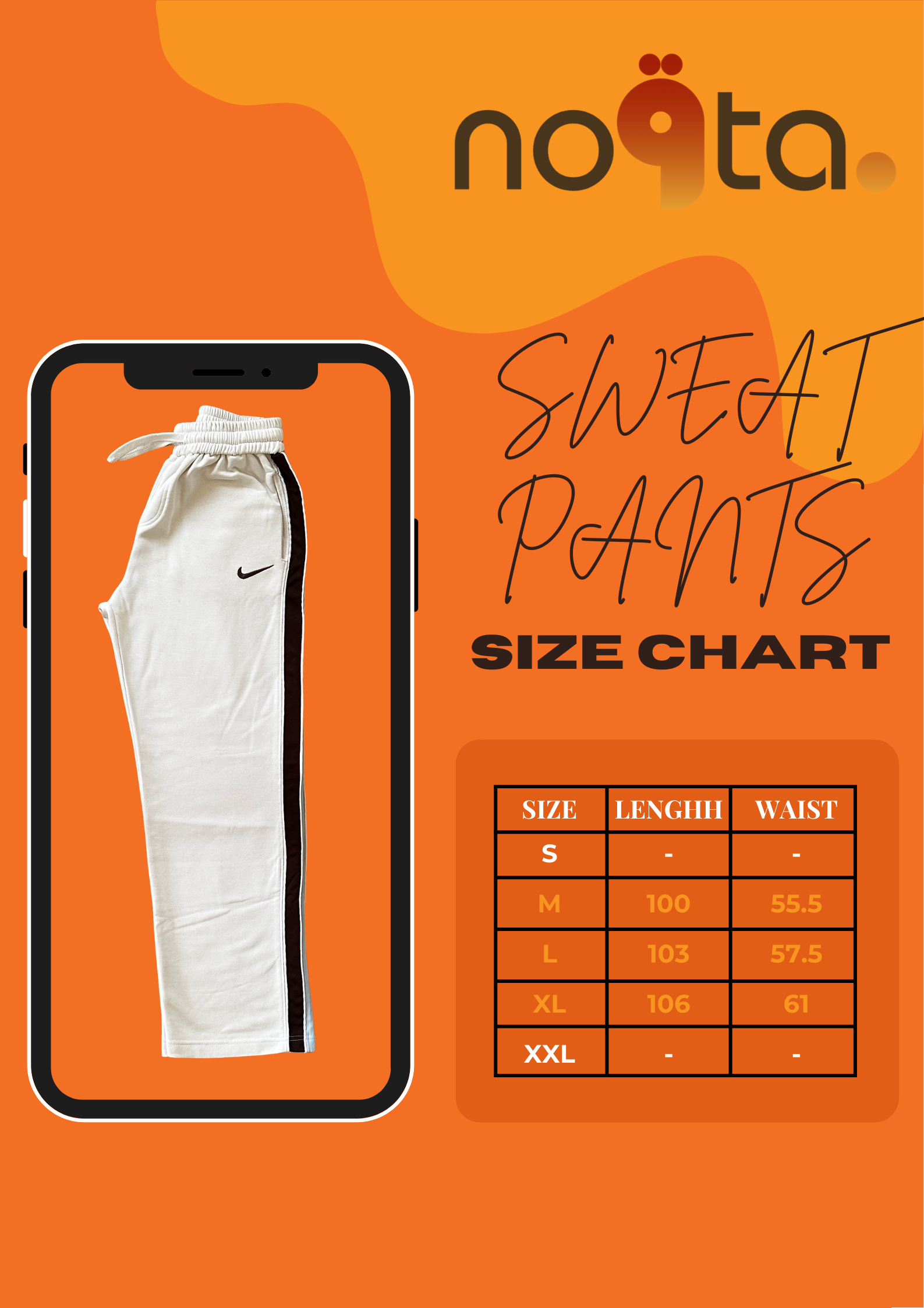 "جدول مقاسات Nike Sweatpants الأبيض Oversize من Nokkta يوضح الطول والعرض بالمقاسات M, L, XL"